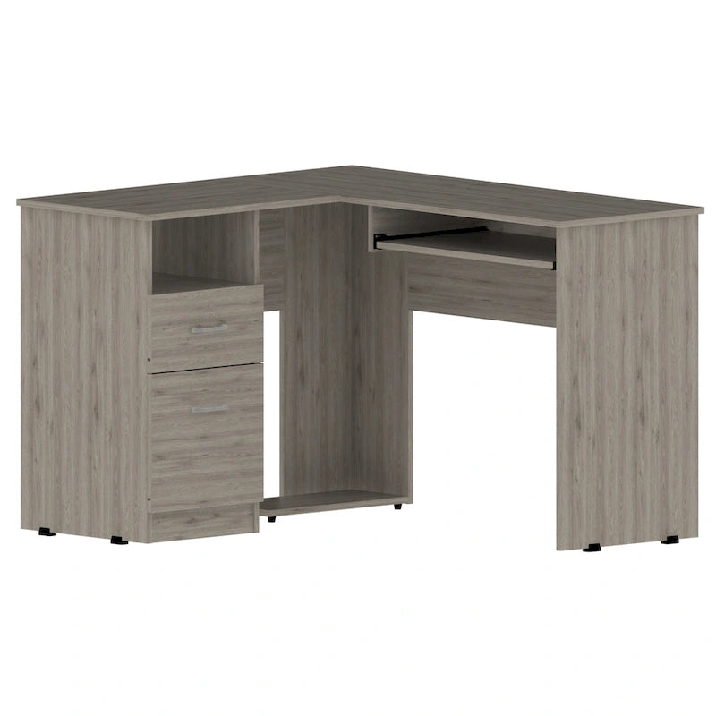 Bureau en L noir / gris foncé / gris clair avec tiroirs, étagères et tablette pour clavier, 1 personne