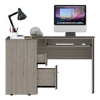 Bureau en L noir / gris foncé / gris clair avec tiroirs, étagères et tablette pour clavier, 1 personne