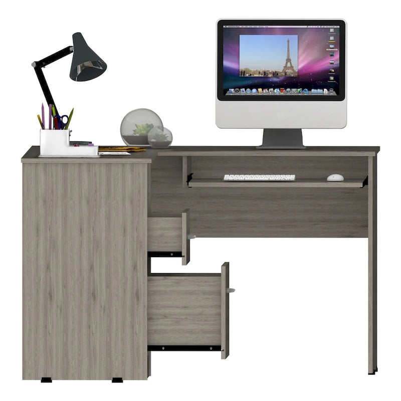 Bureau en L noir / gris foncé / gris clair avec tiroirs, étagères et tablette pour clavier, 1 personne