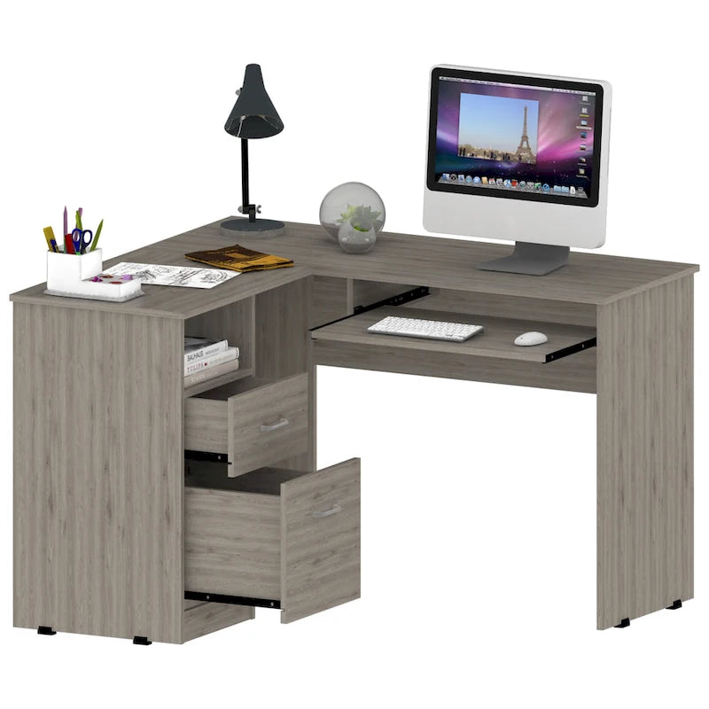 Bureau en L noir / gris foncé / gris clair avec tiroirs, étagères et tablette pour clavier, 1 personne