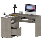 Bureau en L noir / gris foncé / gris clair avec tiroirs, étagères et tablette pour clavier, 1 personne