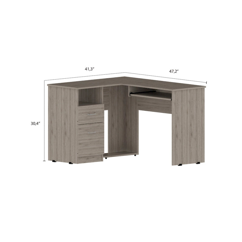 Bureau en L noir / gris foncé / gris clair avec tiroirs, étagères et tablette pour clavier, 1 personne