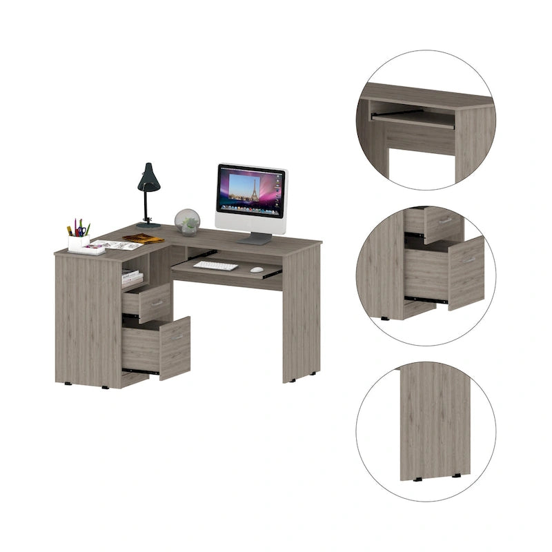 Bureau en L noir / gris foncé / gris clair avec tiroirs, étagères et tablette pour clavier, 1 personne