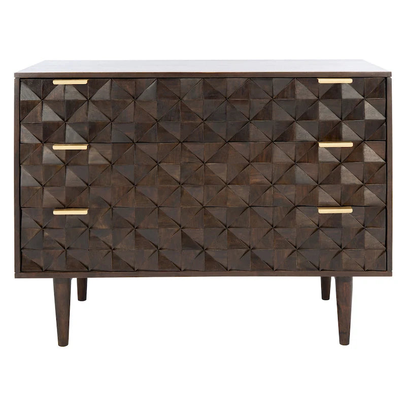 Commode à 3 tiroirs en noyer – Style sculpté géométrique