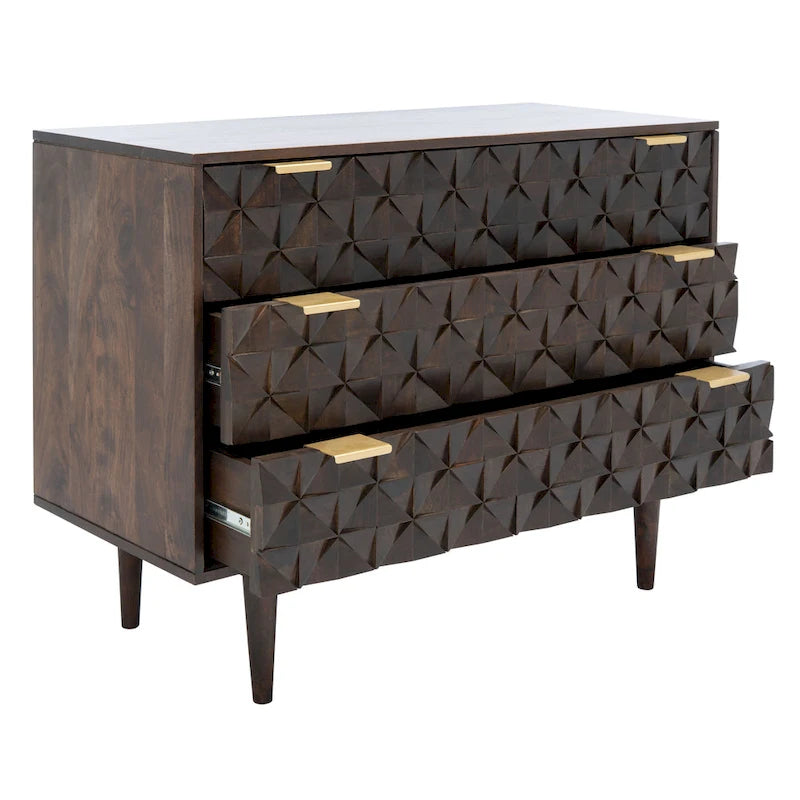 Commode à 3 tiroirs en noyer – Style sculpté géométrique