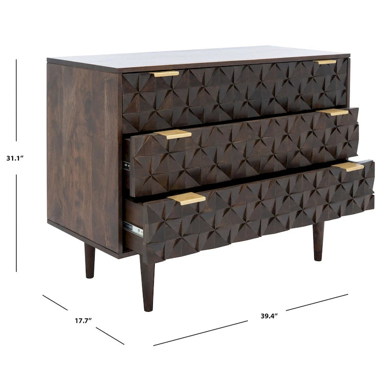 Commode à 3 tiroirs en noyer – Style sculpté géométrique
