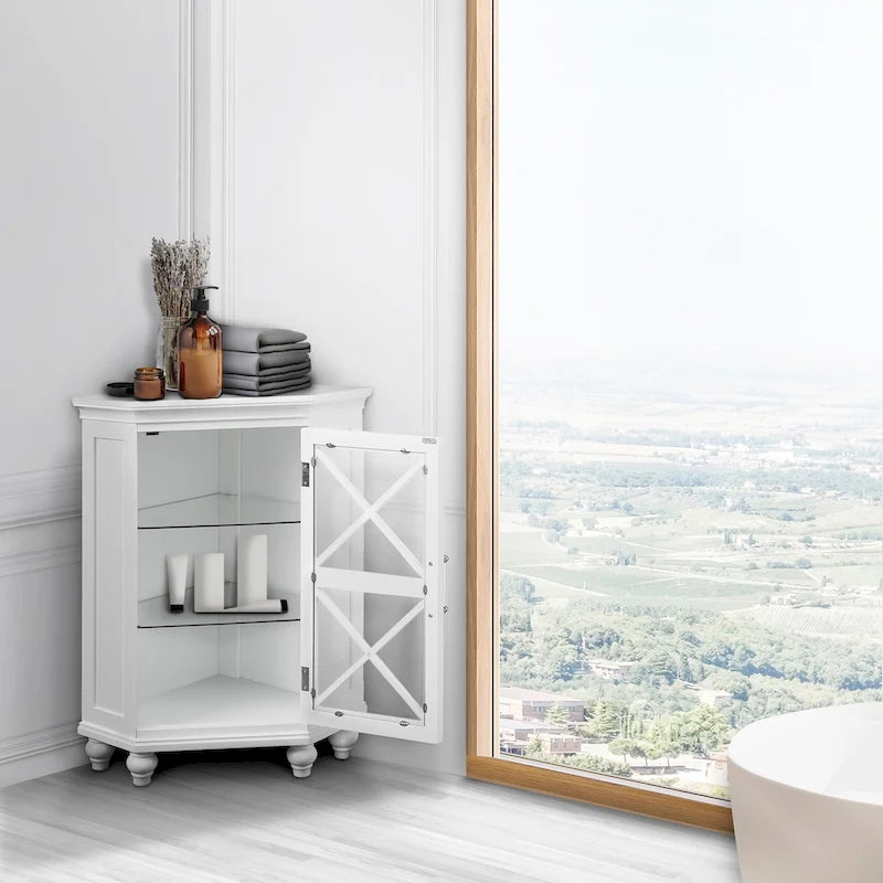 Meuble d'angle bas blanc brillant avec porte vitrée, simple