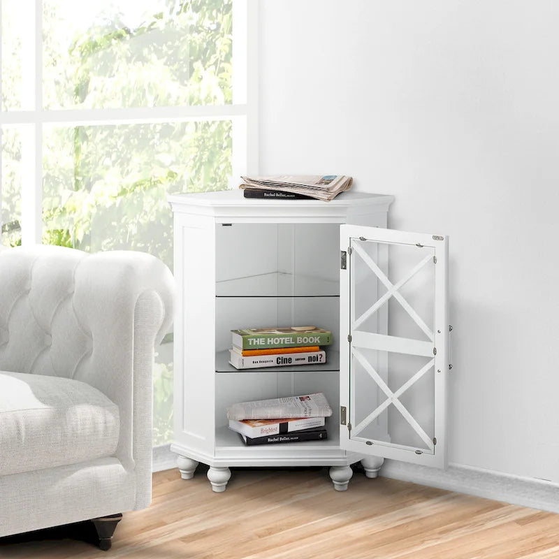 Meuble d'angle bas blanc brillant avec porte vitrée, simple