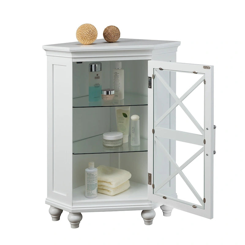 Meuble d'angle bas blanc brillant avec porte vitrée, simple