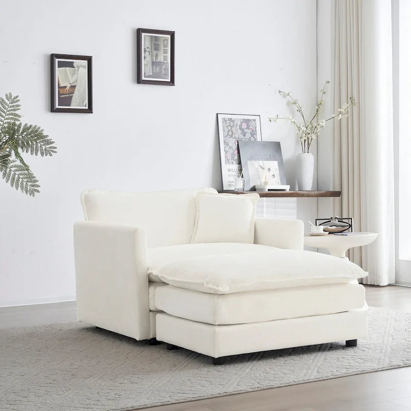 Fauteuil d'appoint en chenille blanche avec pouf, fauteuil modulaire 1 place pour salon et chambre à coucher