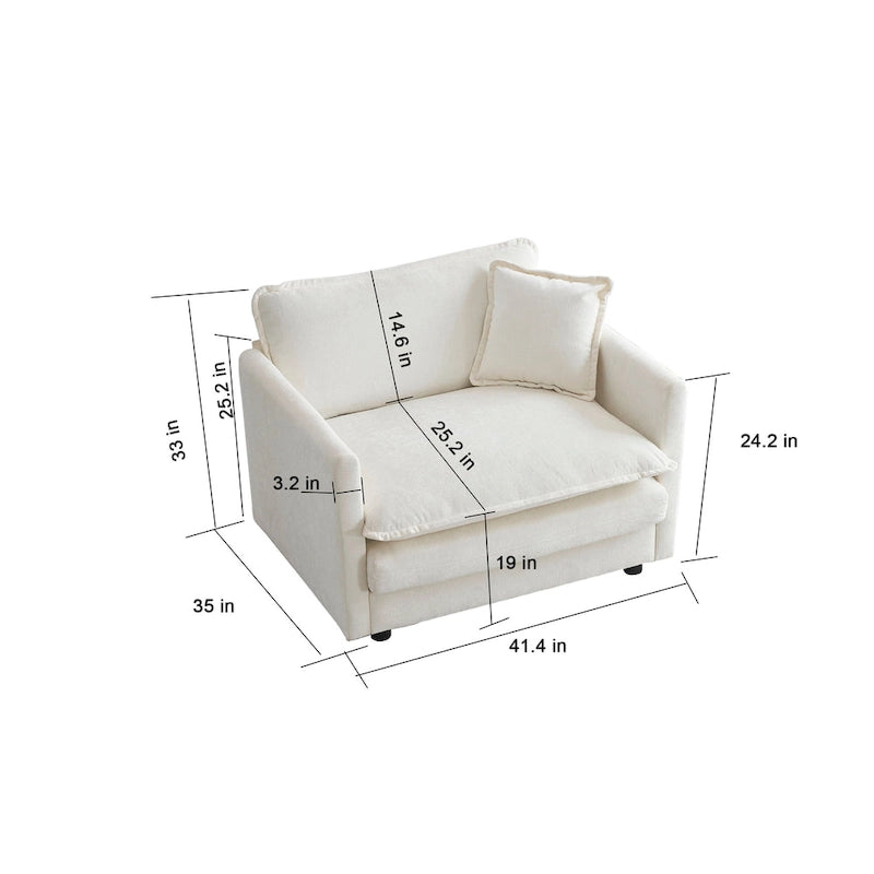 Fauteuil d'appoint en chenille blanche avec pouf, fauteuil modulaire 1 place pour salon et chambre à coucher
