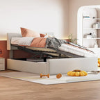 Queen Size Sleigh Bed with Side-Tilt Hydraulic Storage System, Linen Upholstery, Beige