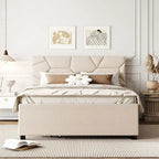 Lit plateforme capitonné en lin beige, tête de lit motif brique, lit gigogne simple, taille double, 2 couchages