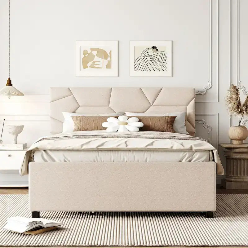 Lit plateforme capitonné en lin beige, tête de lit motif brique, lit gigogne simple, taille double, 2 couchages