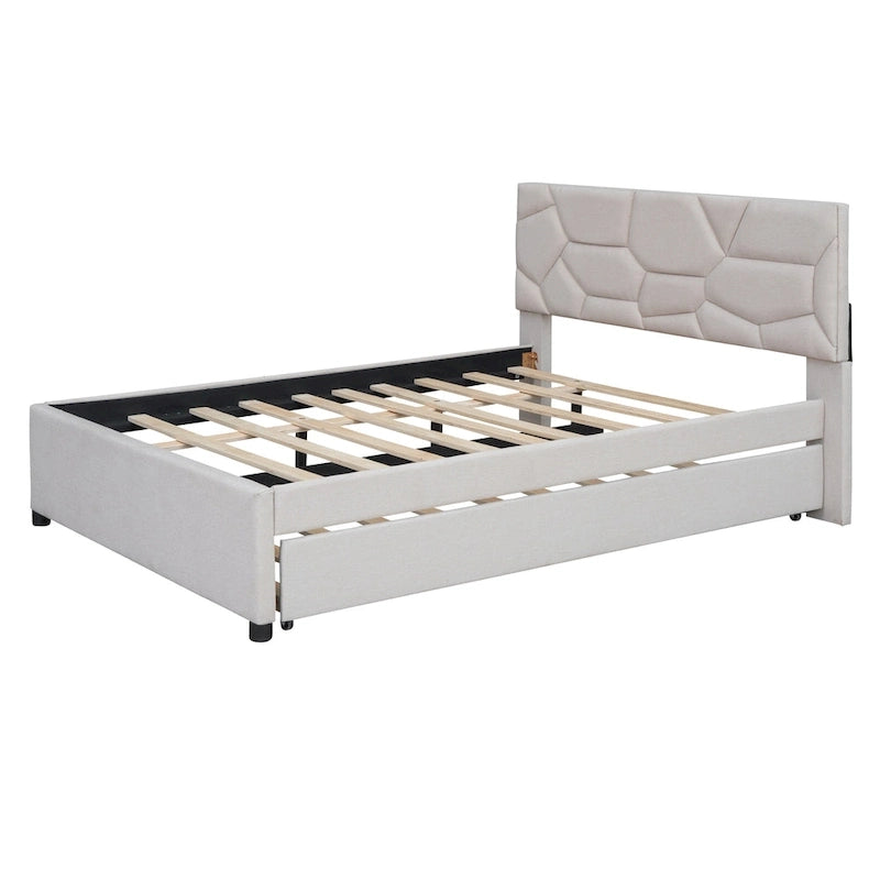 Lit plateforme capitonné en lin beige, tête de lit motif brique, lit gigogne simple, taille double, 2 couchages