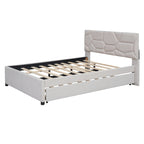 Lit plateforme capitonné en lin beige, tête de lit motif brique, lit gigogne simple, taille double, 2 couchages