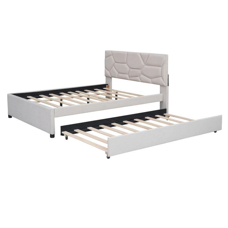Lit plateforme capitonné en lin beige, tête de lit motif brique, lit gigogne simple, taille double, 2 couchages