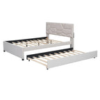 Lit plateforme capitonné en lin beige, tête de lit motif brique, lit gigogne simple, taille double, 2 couchages