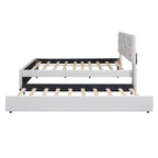 Lit plateforme capitonné en lin beige, tête de lit motif brique, lit gigogne simple, taille double, 2 couchages