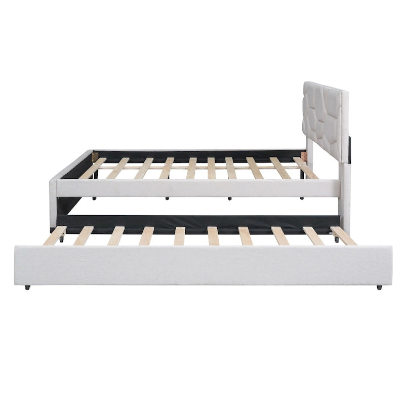 Lit plateforme capitonné en lin beige, tête de lit motif brique, lit gigogne simple, taille double, 2 couchages