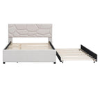 Lit plateforme capitonné en lin beige, tête de lit motif brique, lit gigogne simple, taille double, 2 couchages