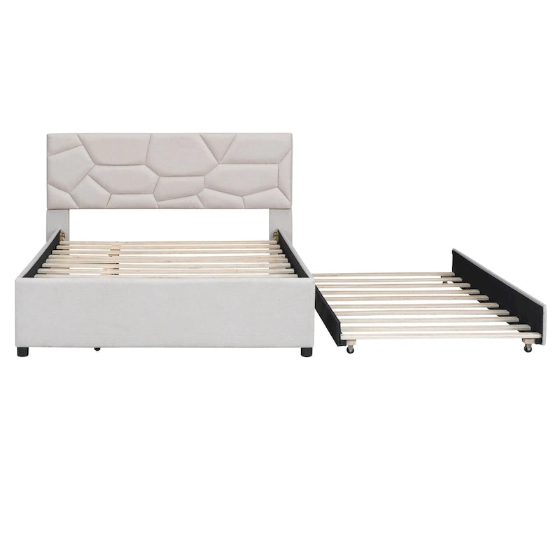 Lit plateforme capitonné en lin beige, tête de lit motif brique, lit gigogne simple, taille double, 2 couchages