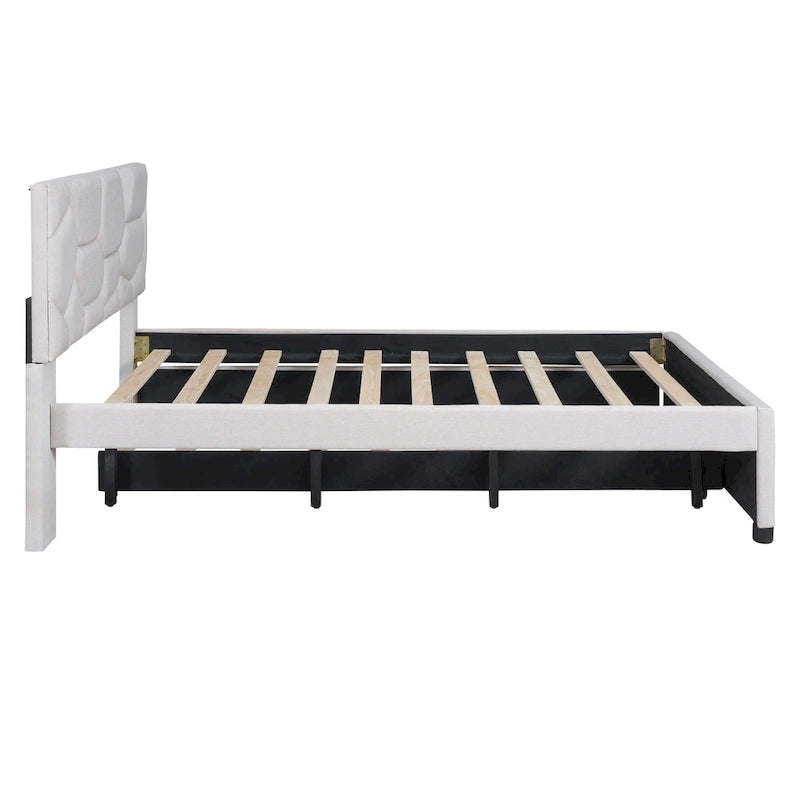Lit plateforme capitonné en lin beige, tête de lit motif brique, lit gigogne simple, taille double, 2 couchages
