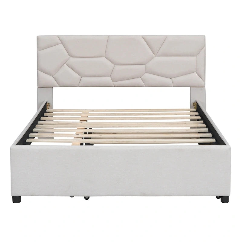 Lit plateforme capitonné en lin beige, tête de lit motif brique, lit gigogne simple, taille double, 2 couchages