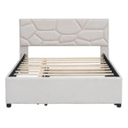Lit plateforme capitonné en lin beige, tête de lit motif brique, lit gigogne simple, taille double, 2 couchages