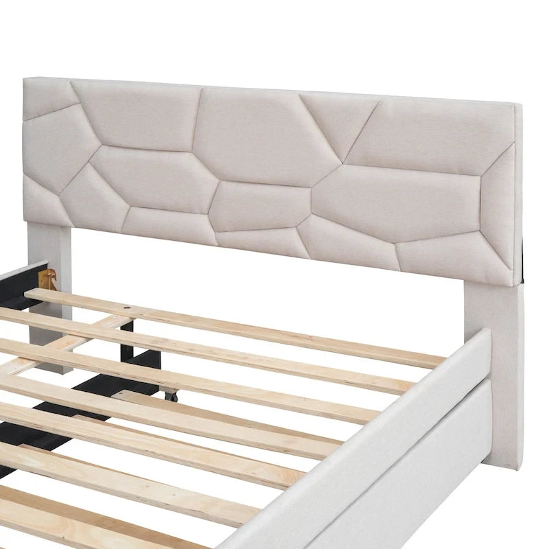 Lit plateforme capitonné en lin beige, tête de lit motif brique, lit gigogne simple, taille double, 2 couchages