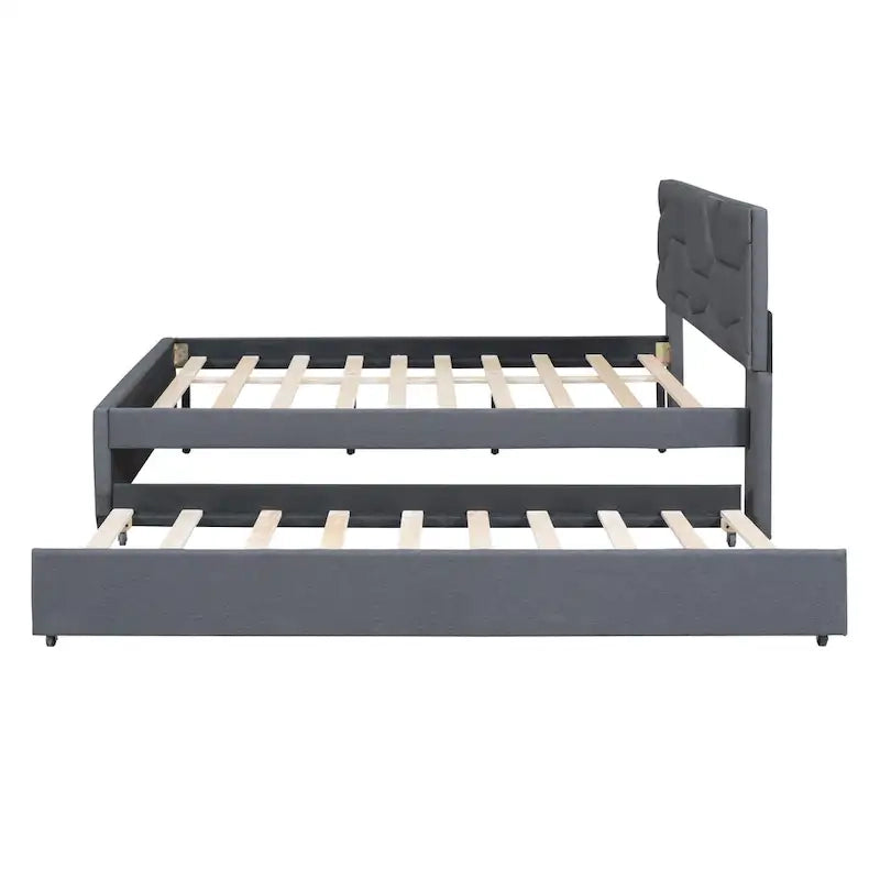 Lit plateforme capitonné en lin beige, tête de lit motif brique, lit gigogne simple, taille double, 2 couchages