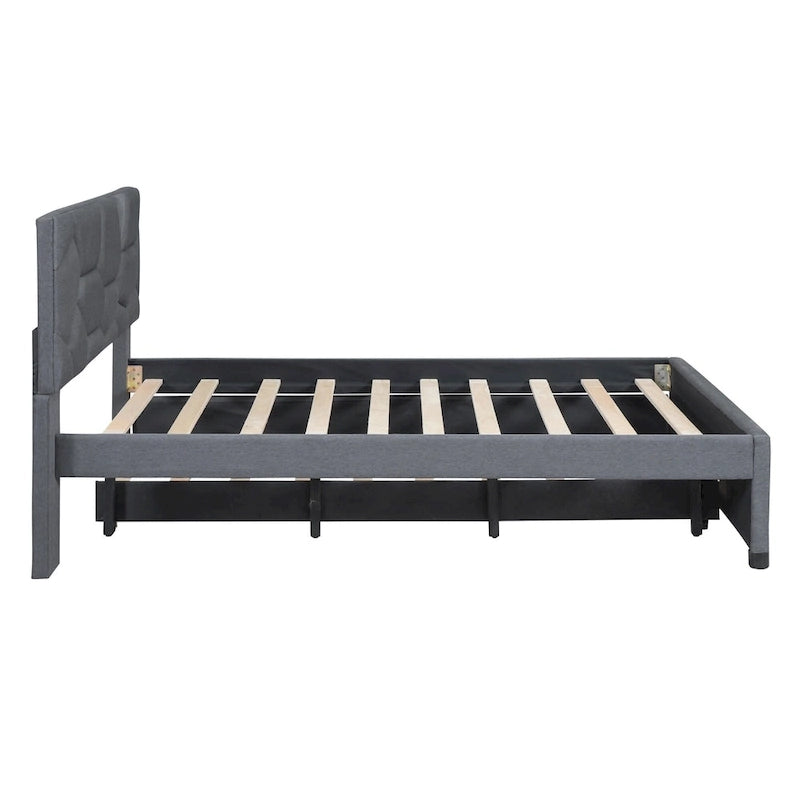 Lit plateforme capitonné en lin beige, tête de lit motif brique, lit gigogne simple, taille double, 2 couchages