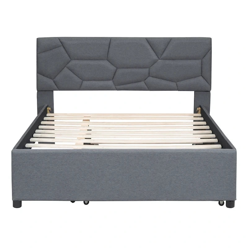 Lit plateforme capitonné en lin beige, tête de lit motif brique, lit gigogne simple, taille double, 2 couchages