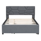Lit plateforme capitonné en lin beige, tête de lit motif brique, lit gigogne simple, taille double, 2 couchages