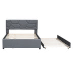 Lit plateforme capitonné en lin beige, tête de lit motif brique, lit gigogne simple, taille double, 2 couchages