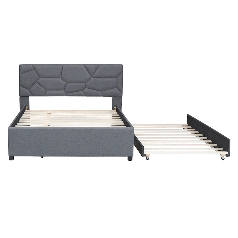 Lit plateforme capitonné en lin beige, tête de lit motif brique, lit gigogne simple, taille double, 2 couchages