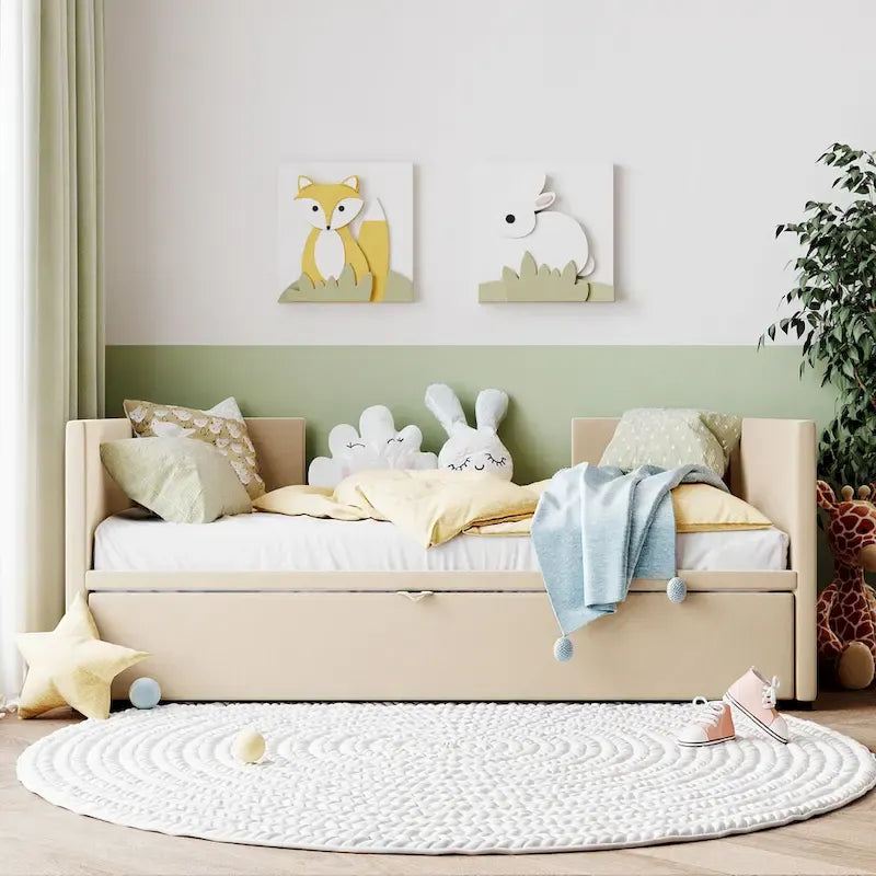 Lit de jour capitonné en velours beige avec lit gigogne relevable, jumeau à grand lit, 1–2 places