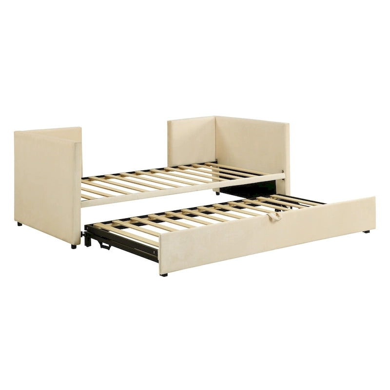 Lit de jour capitonné en velours beige avec lit gigogne relevable, jumeau à grand lit, 1–2 places
