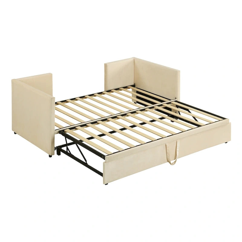 Lit de jour capitonné en velours beige avec lit gigogne relevable, jumeau à grand lit, 1–2 places