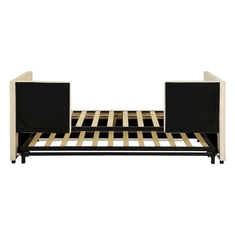Lit de jour capitonné en velours beige avec lit gigogne relevable, jumeau à grand lit, 1–2 places