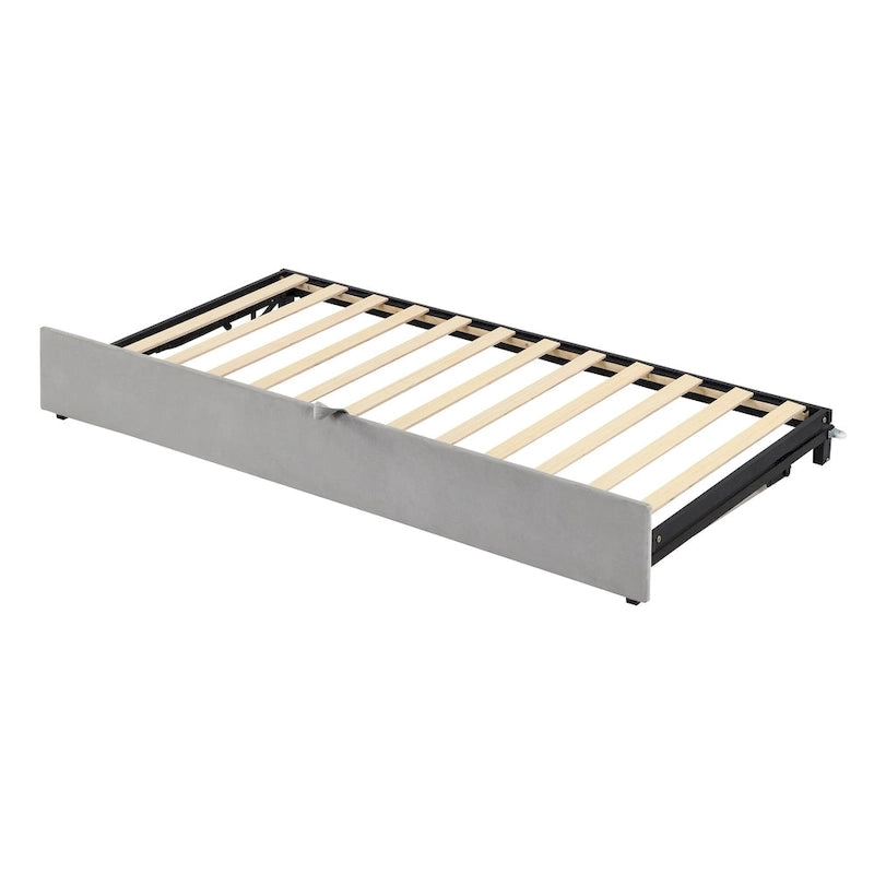 Lit de jour capitonné en velours beige avec lit gigogne relevable, jumeau à grand lit, 1–2 places