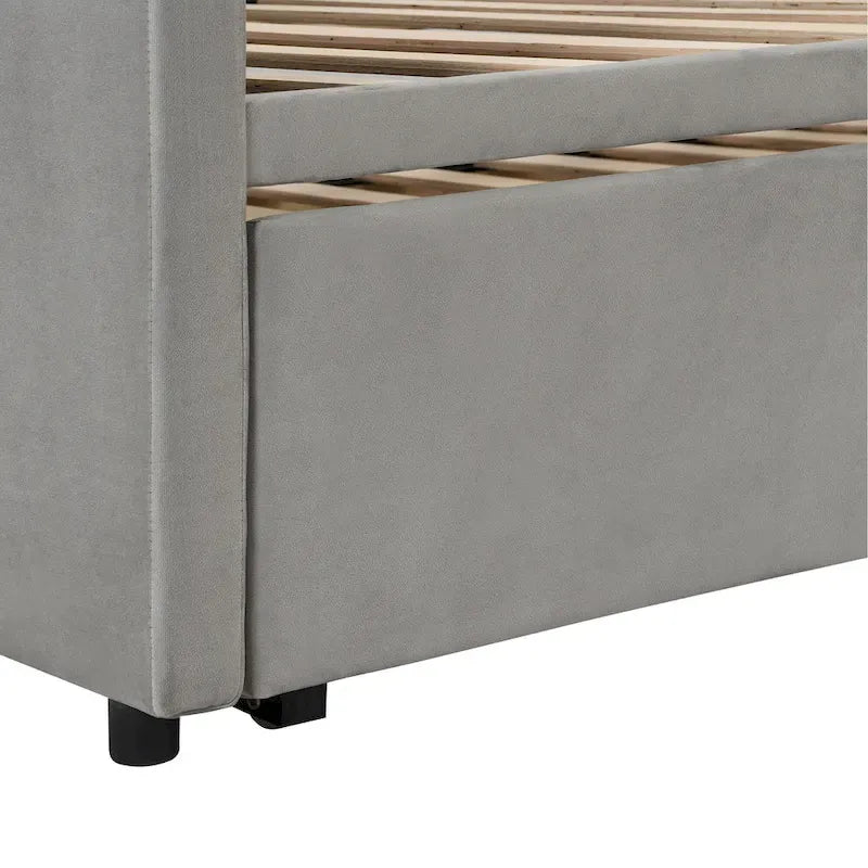 Lit de jour capitonné en velours beige avec lit gigogne relevable, jumeau à grand lit, 1–2 places