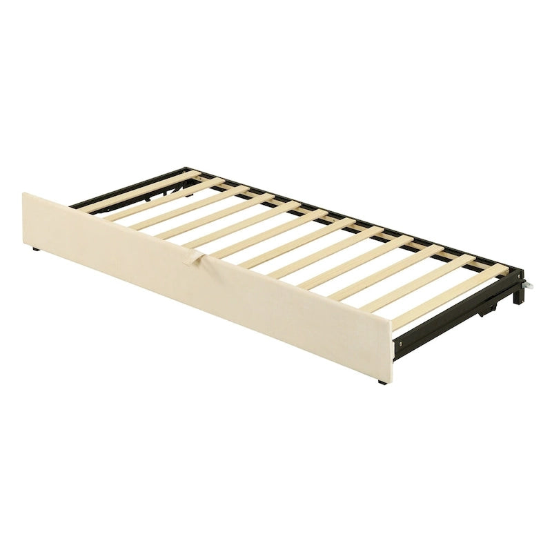 Lit de jour capitonné en velours beige avec lit gigogne relevable, jumeau à grand lit, 1–2 places