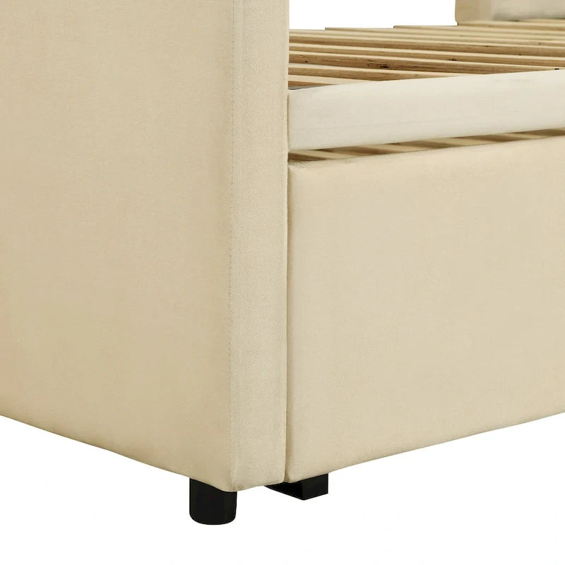 Lit de jour capitonné en velours beige avec lit gigogne relevable, jumeau à grand lit, 1–2 places