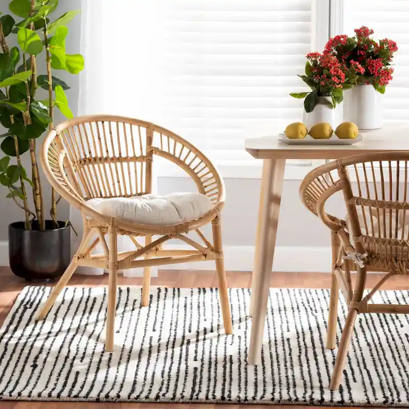 Chaise de salle à manger en rotin blanc et marron naturel, style bohème, 1 place