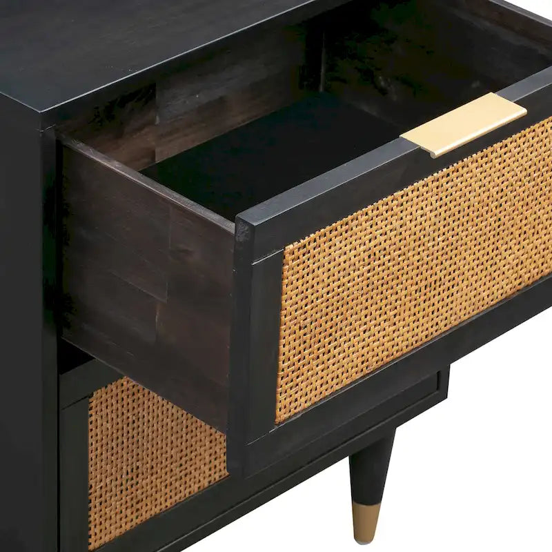 Table de chevet en rotin et laiton avec 2 tiroirs | Crème / Noir et Marron | Simple