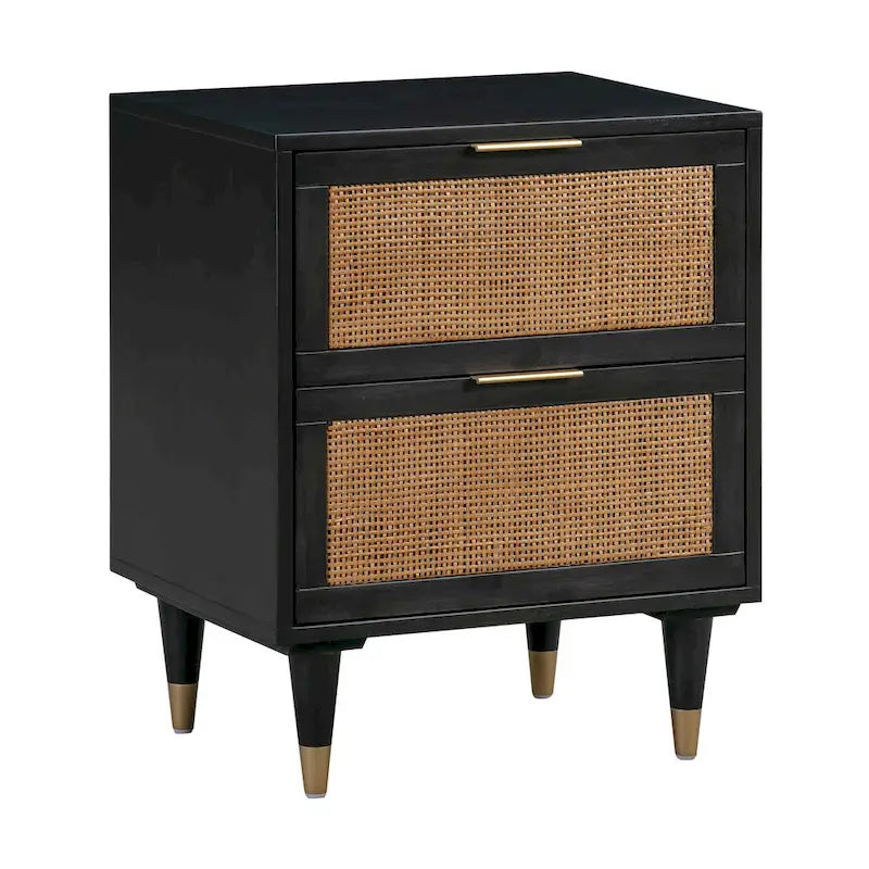Table de chevet en rotin et laiton avec 2 tiroirs | Crème / Noir et Marron | Simple