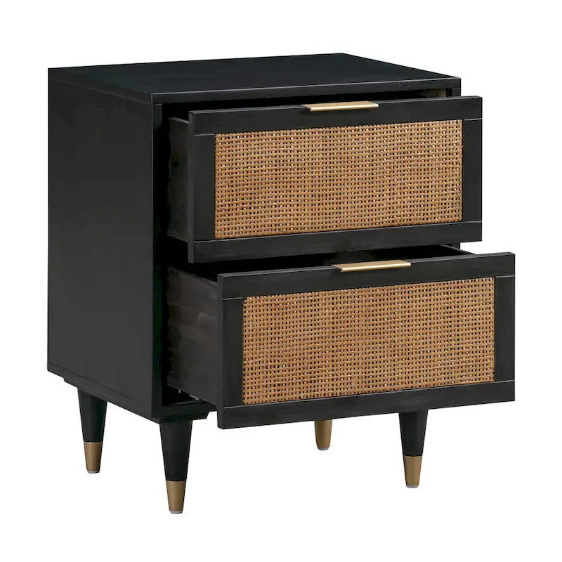 Table de chevet en rotin et laiton avec 2 tiroirs | Crème / Noir et Marron | Simple