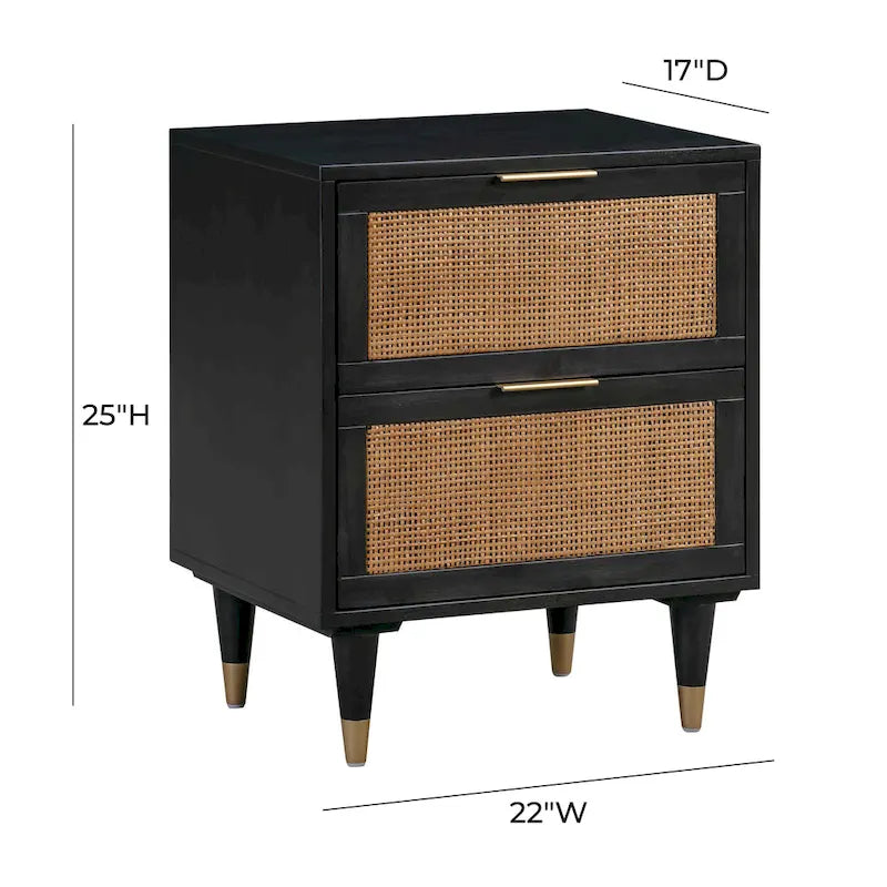 Table de chevet en rotin et laiton avec 2 tiroirs | Crème / Noir et Marron | Simple