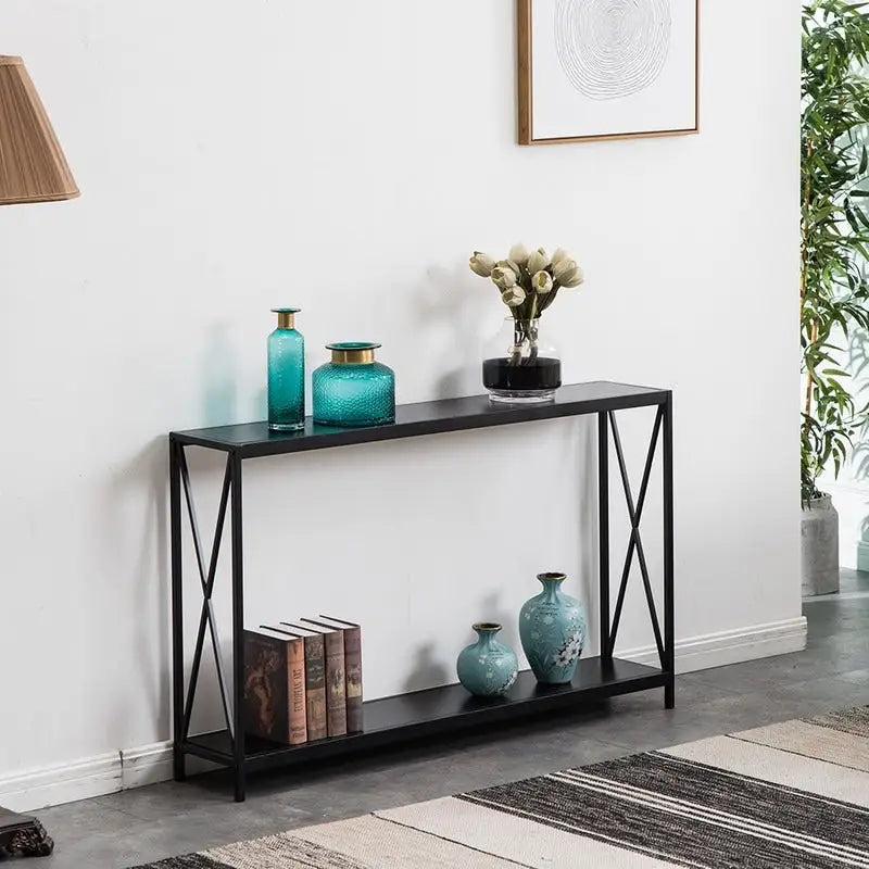 Console étroite avec cadre en croix en fer – Noir/Gris